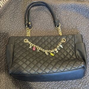 Betsey Johnson Black Quilted Handbag with Gold Chain with Charms